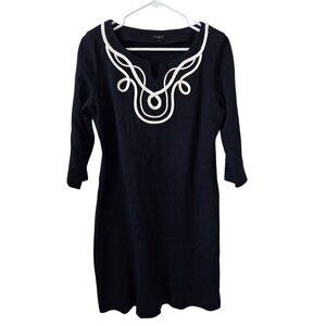 Talbots Size LP Navy Blue Petite Dress White Braided Neckline Detail 3/4 Sleeves